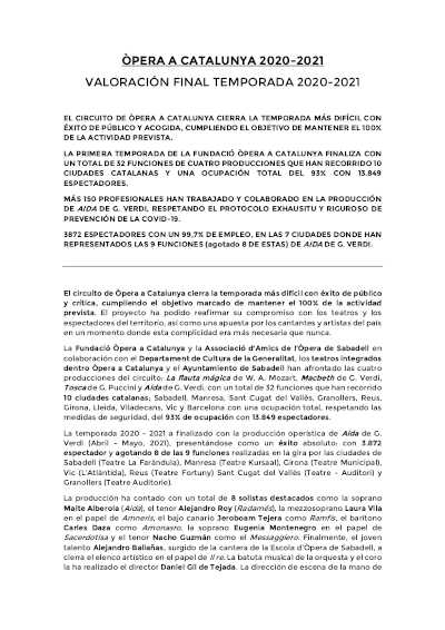 Ópera de Cataluña, hace una valoración final de la temporada 2020-2021