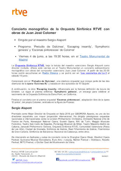 Sergio Alapont dirigirá la Orquesta Sinfónica RTVE en concierto monográfico de obras de Juan J. Colomer