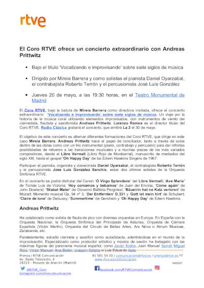 El Coro RTVE ofrece un concierto extraordinario con Andreas Prittwitz El Coro RTVE ofrece un concierto extraordinario con Andreas Prittwitz