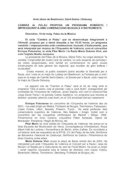 Cambra al Palau propone un programa romántico e impresionista con combinaciones inusuales de instrumentos Cambra al Palau propone un programa romántico e impresionista con combinaciones inusuales de instrumentos