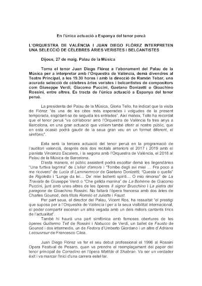 La Orquesta de València y Juan Diego Flores interpretan selección de célebres arias veristas y belcantístas