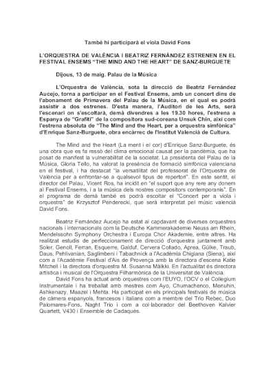 Orquesta de València y Beatriz Fernández estrenan «The mind and de heart» en el Festival Ensems