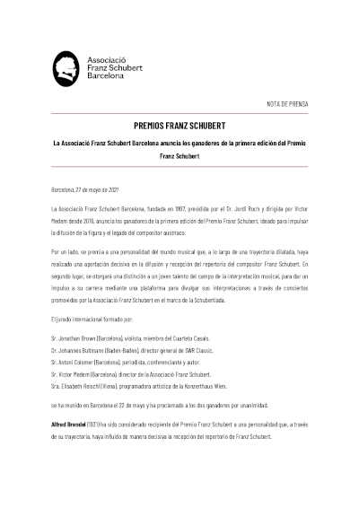 La Associació Franz Schubert Barcelona anuncia los ganadores de la primera edición del Premi Franz Schubert