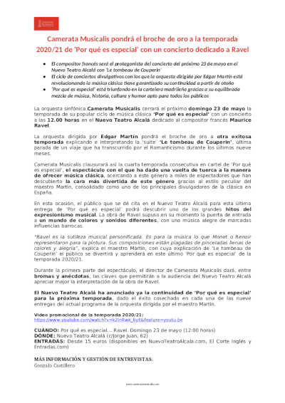 Despedida a lo grande de la temporada 20/21 de Camerata Musicalis con Ravel en el Nuevo Teatro Alcalá
