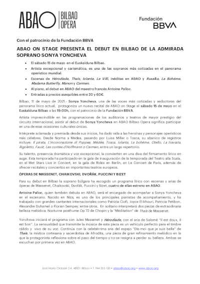 ABAO on Stage presenta el debut en Bilbao de la admirada soprano Sonya Yoncheva