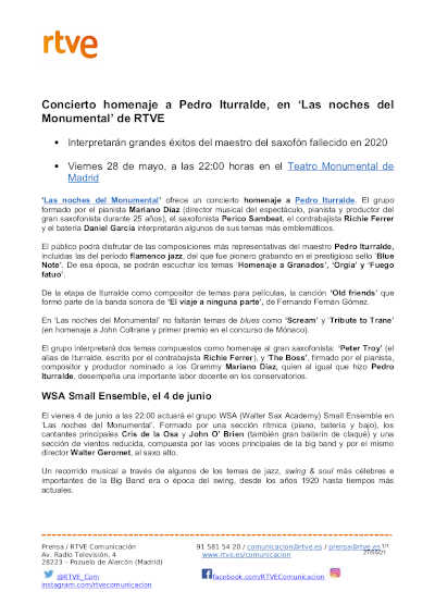 Concierto homenaje a Pedro Iturralde, en «Las noches del Monumental» de RTVE Concierto homenaje a Pedro Iturralde, en «Las noches del Monumental» de RTVE