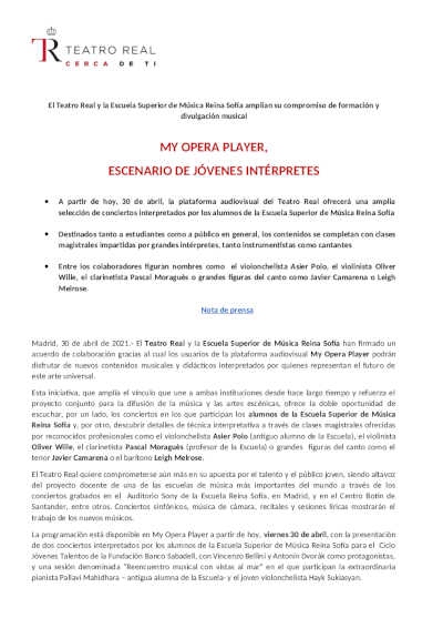 My Opera Player, ahora es escenario de jóvenes intérpretes alumnos de la Escuela Superior de Música Reina Sofía