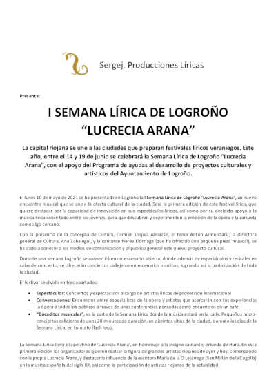 Se celebrará la I Semana Lírica de Logroño «Lucrecia Arana»
