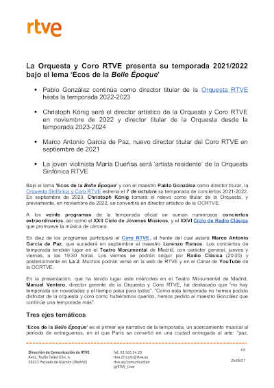 La Orquesta y Coro RTVE presenta su temporada 2021/2022, ‘Ecos de la Belle Époque’
