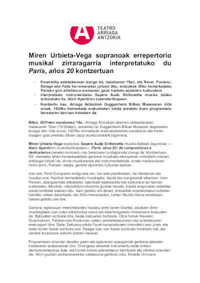 La soprano Miren Urbieta-Vega interpreta un vibrante repertorio musical en el concierto París, años 20