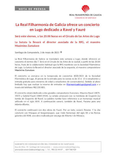 La Real Filharmonía de Galicia ofrece un concierto en Lugo dedicado a Ravel y Fauré La Real Filharmonía de Galicia ofrece un concierto en Lugo dedicado a Ravel y Fauré