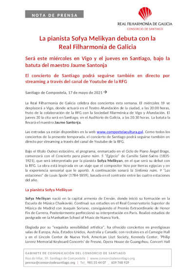 La pianista Sofya Melikyan debuta con la Real Filharmonía de Galicia La pianista Sofya Melikyan debuta con la Real Filharmonía de Galicia