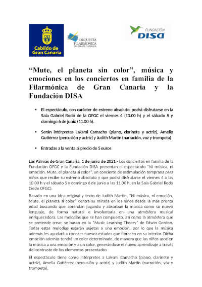 “Mute, el planeta sin color”, música y emociones con la Filarmónica de Gran Canaria y la Fundación DISA