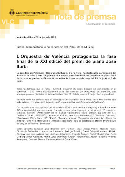 La Orquesta de València protagoniza la fase final de la XXI edición del premio de piano José Iturbi