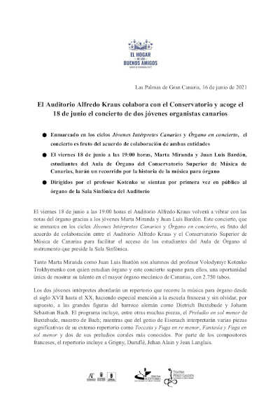El Auditorio Alfredo Kraus colabora con el Conservatorio y acoge el concierto de dos jóvenes organistas canarios El Auditorio Alfredo Kraus colabora con el Conservatorio y acoge el concierto de dos jóvenes organistas canarios