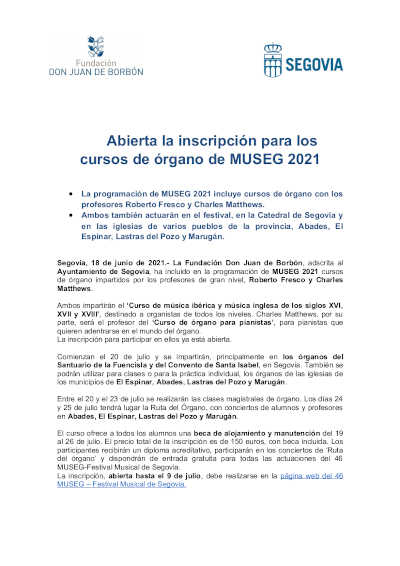 Abierta la inscripción para los cursos de órgano de ‘MUSEG 2021’