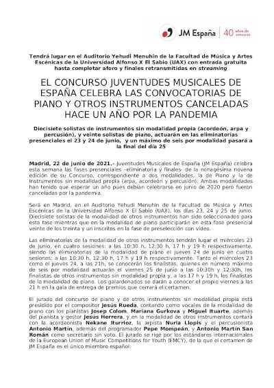 El Concurso Juventudes Musicales de España celebra convocatorias de piano y otros instrumentos