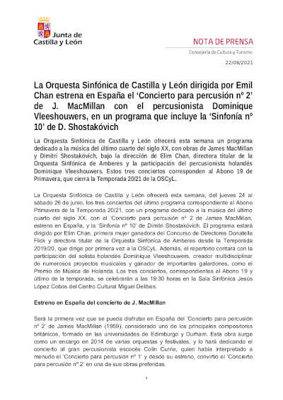 La Orquesta Sinfónica de Castilla y León estrena en España el ‘Concierto para percusión nº 2’ de J. MacMillan