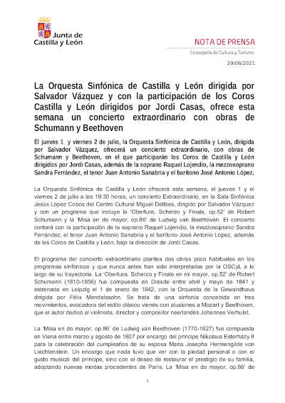 La Orquesta Sinfónica de Castilla y León ofrece concierto extraordinario con obras de Beethoven y Schumann