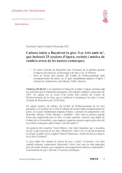 Cultura inicia en Bocairent la gira ‘Les Arts amb tu’, que contará con 25 sesiones de ópera, recitales y música de cámara