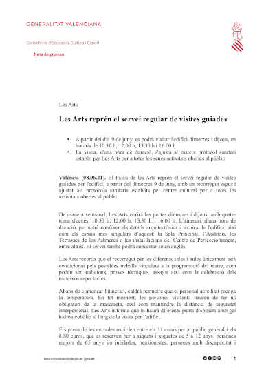 El Palau de les Arts retoma su servicio regular de visitas guiadas a partir de este mes