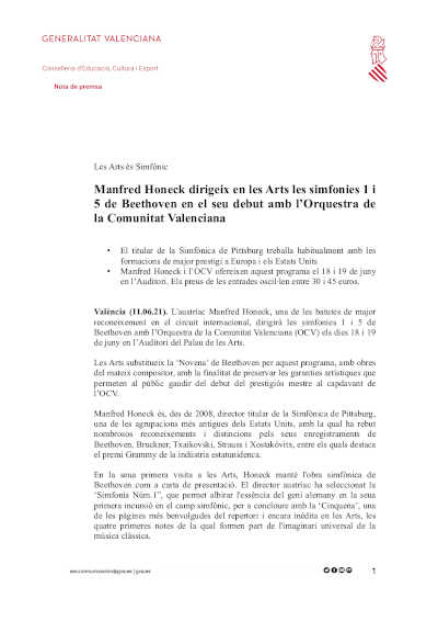 Manfred Honeck dirige en Les Arts las sinfonías 1 y 5 de Beethoven en su debut con la Orquestra de la Comunitat Valenciana