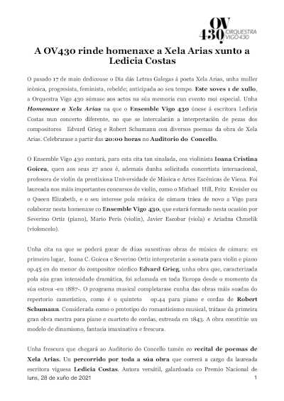 La OV430 rinde homenaje a Xela Arias junto a Ledicia Costas La OV430 rinde homenaje a Xela Arias junto a Ledicia Costas