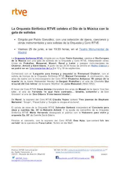 Gala de solistas RTVE, con la Orquesta Sinfónica RTVE dirigida por Pablo González