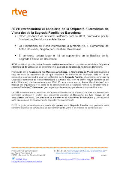 RTVE producirá el concierto de la Orquesta Filarmónica de Viena desde la Sagrada Familia de Barcelona