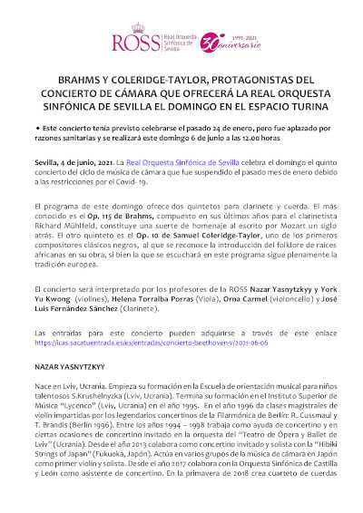 Obras de Bhahms y Coleridge-Taylor, protagonistas del Concierto de Cámara de la Real Orquesta Sinfónica de Sevilla