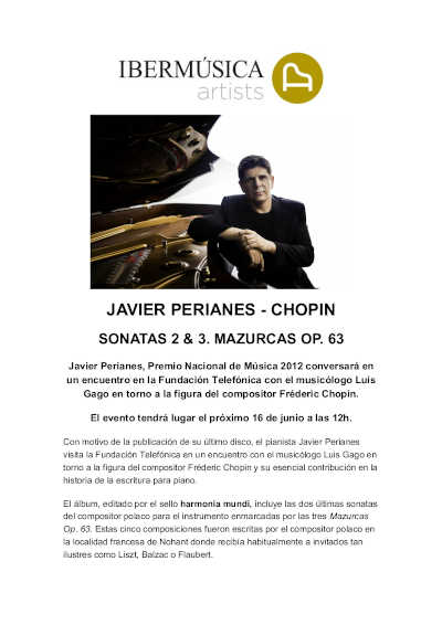 Javier Perianes, conversará con el musicólogo Luis Gago en torno a la figura de Fréderic Chopin