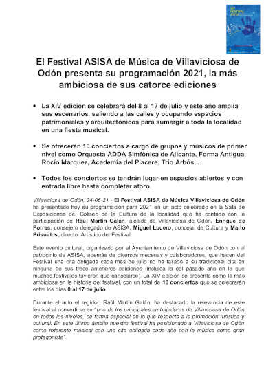 El Festival ASISA de Música de Villaviciosa de Odón presenta su programación 2021
