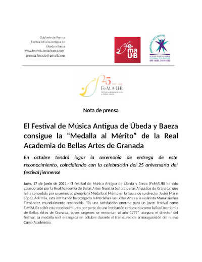 El Festival de Música Antigua de Úbeda y Baeza consigue la “Medalla al Mérito” de la Real Academia de Bellas Artes de Granada