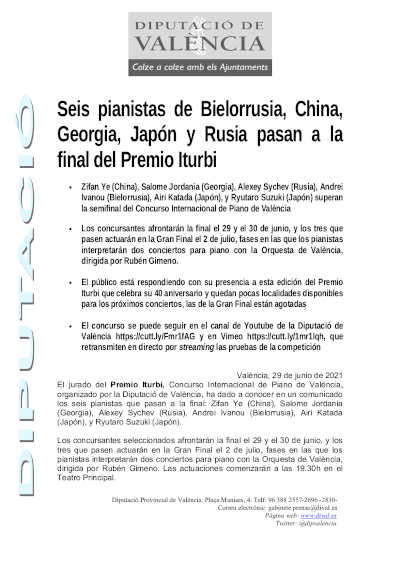 Seis pianistas de Bielorrusia, China, Georgia, Japón y Rusia pasan a la final del Premio Iturbi