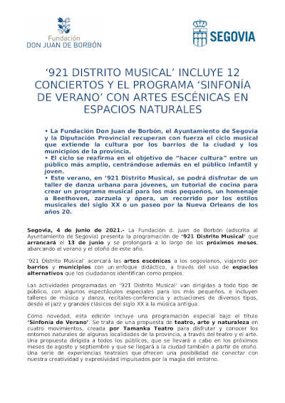 «921 Distrito Musical» incluye 12 conciertos y el programa «Sinfonía de Verano» con artes escénicas en escenarios naturales