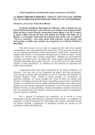 La Banda Sinfónica Municipal de Valencia cierra su ciclo en los Jardines del Palau
