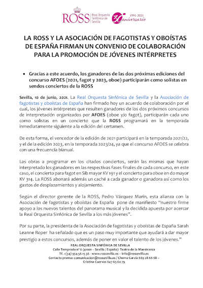 La ROSS y la Asociación de Fagotistas y Oboístas de España firma convenio de colaboración La ROSS y la Asociación de Fagotistas y Oboístas de España firma convenio de colaboración