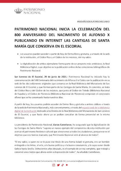 Patrimonio Nacional celebra el 800 aniversario de Alfonso X publicando en Internet las Cantigas de Santa María
