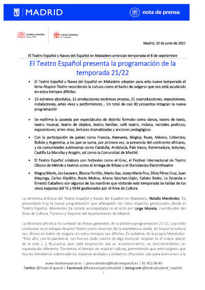 El Teatro Español presenta la programación de la temporada 21/22 El Teatro Español presenta la programación de la temporada 21/22