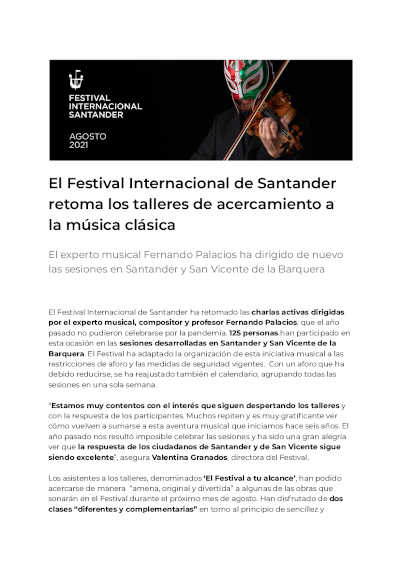 El Festival Internacional de Santander retoma los talleres de acercamiento a la música clásica