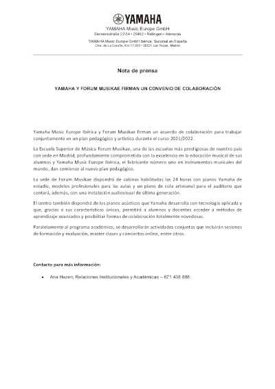 Yamaha y Escuela Superior de Música Forum Musikae firman un convenio de colaboración
