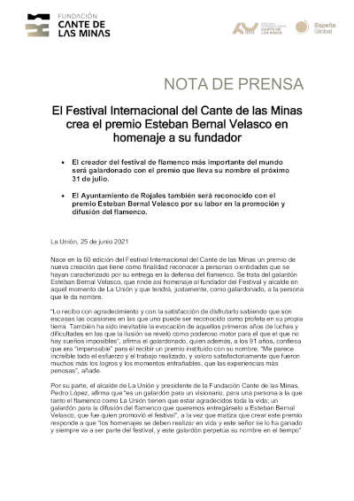 El Festival Internacional del Cante de las Minas crea el premio Esteban Bernal Velasco en homenaje a su fundador