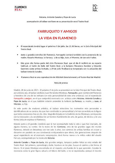 «Farruquito y Amigos» se presentan por primera vez en el Salón Principal del Teatro Real