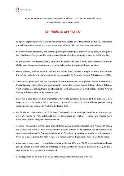 El Teatro Real culmina su temporada lírica 2020-2021 con Tosca