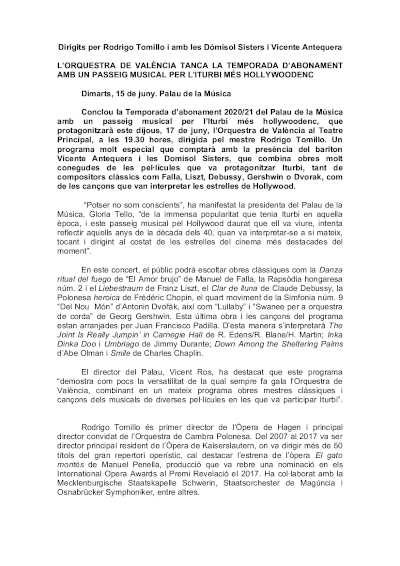 La Orquesta de València cierra la temporada de abono con un paseo musical por el Iturbi más hollywodense La Orquesta de València cierra la temporada de abono con un paseo musical por el Iturbi más hollywodense