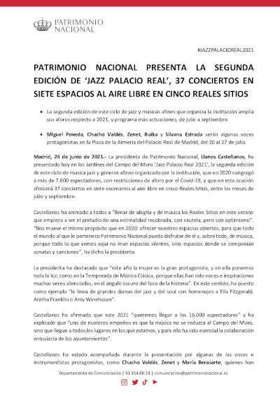 Patrimonio Nacional presenta la segunda edición de «Jazz Palacio Real» en cinco Reales Sitios