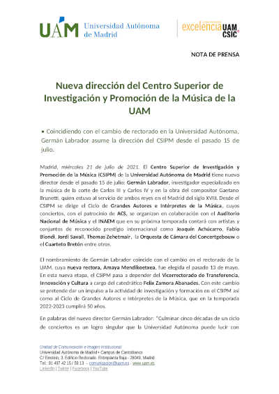 Nueva dirección del Centro Superior de Investigación y Promoción de la Música de la UAM