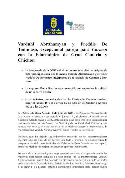 Varduhi Abrahamyan y Freddie De Tommaso, excepcional pareja para Carmen con la Filarmónica de Gran Canaria y Chichon