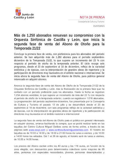 Más de 1.250 abonados renuevan con la OSCyL, que inicia la segunda fase de venta del Abono de Otoño