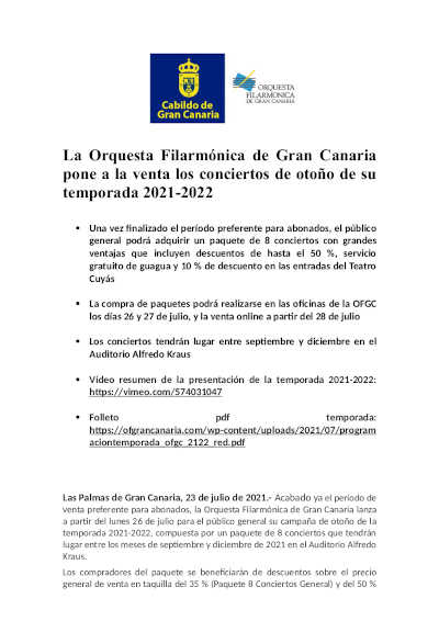 La Orquesta Filarmónica de Gran Canaria pone a la venta los conciertos de otoño de su temporada 2021-2022